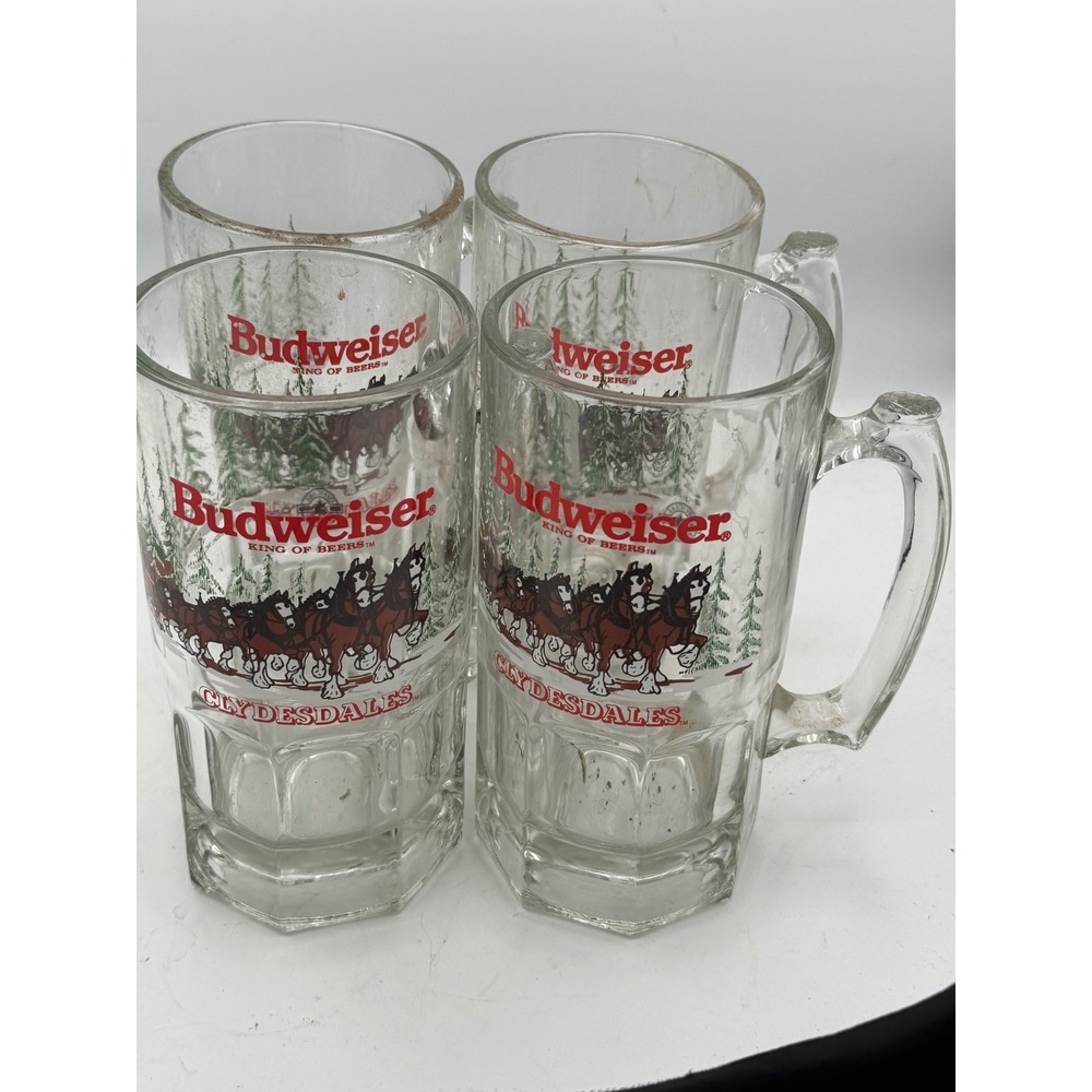 Vintage 1989 Budweiser Champion Clydesdales Holiday Glass Beer Mugs Set of 4